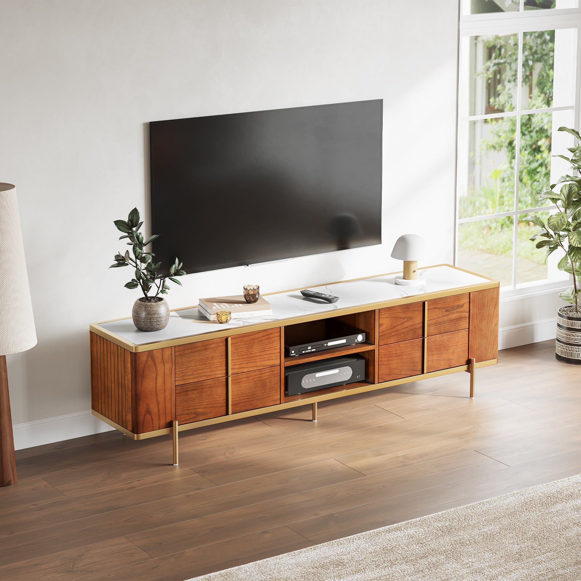 Mid Century Marble Top Walnut Wood Tv Stand With 4 Drawers Storage | Tv ... for Gdf Studio 4-Drawer Storage Tv Stand, Led Lighting & Charging Ports, Walnut
