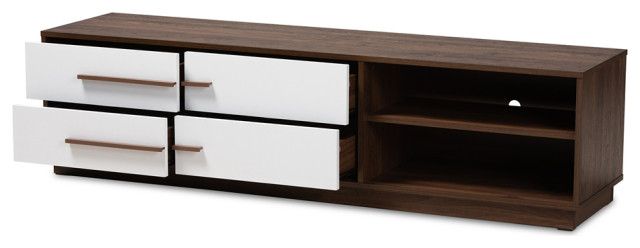 Mid-Century Modern 2-Tone White & Walnut Finished 4-Drawer Wood Tv ... throughout Farrelly Mid-Century Modern Two-Tone Walnut Brown And Gray Wood Tv Stand