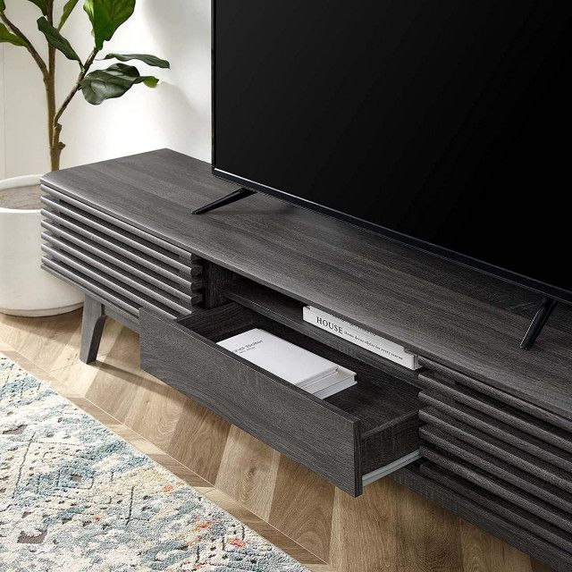 Mid Century Modern Tv Stand, Sliding Slatted Doors & Center Drawer ... in Mid Century Modern Tv Stand, Sliding Slatted Doors & Center Drawer, Charcoal