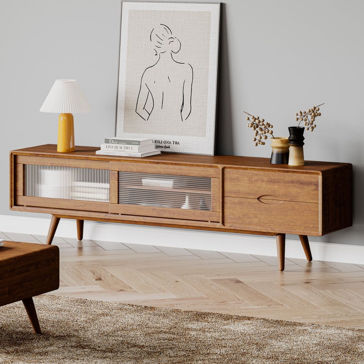 Mid-Century Solid Wood Tv Stand, Media Console With Storage, Sliding ... with regard to Mid Century Tv Stand, 2 Storage Cabinets & Center Open Glass Shelf