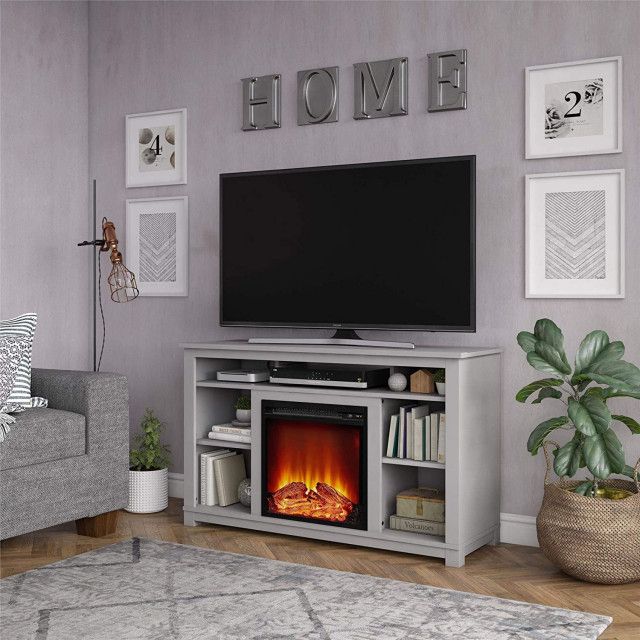 Modern Tv Stand, Center Fireplace & Multiple Open Storage Shelves ... with regard to Modern Tv Stand, Center Fireplace & Multiple Open Storage Shelves