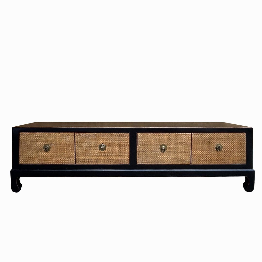 Oriental Black Light Tan Rattan Doors Trapezoid Low Tv Stand Console ... with regard to Oriental Black 3 Drawers Trapezoid Low Tv Stand Console Table Cabinet Hws4241