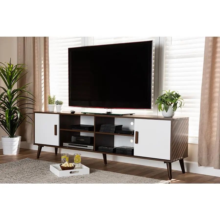 Quinn Mid-Century Modern Two-Tone White And Walnut Finished 2-Door Wood ... with regard to Farrelly Mid-Century Modern Two-Tone Walnut Brown And Gray Wood Tv Stand