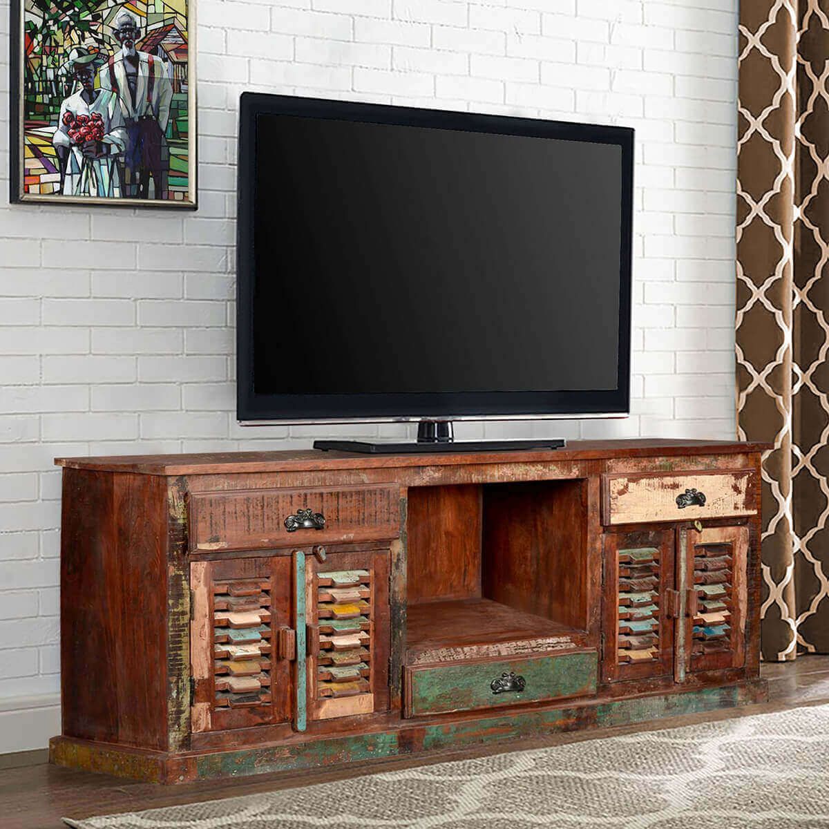 Reclaimed Media Console in How to Choose the Perfect Rustic Blue Green Lattice Cabinet for Your Home