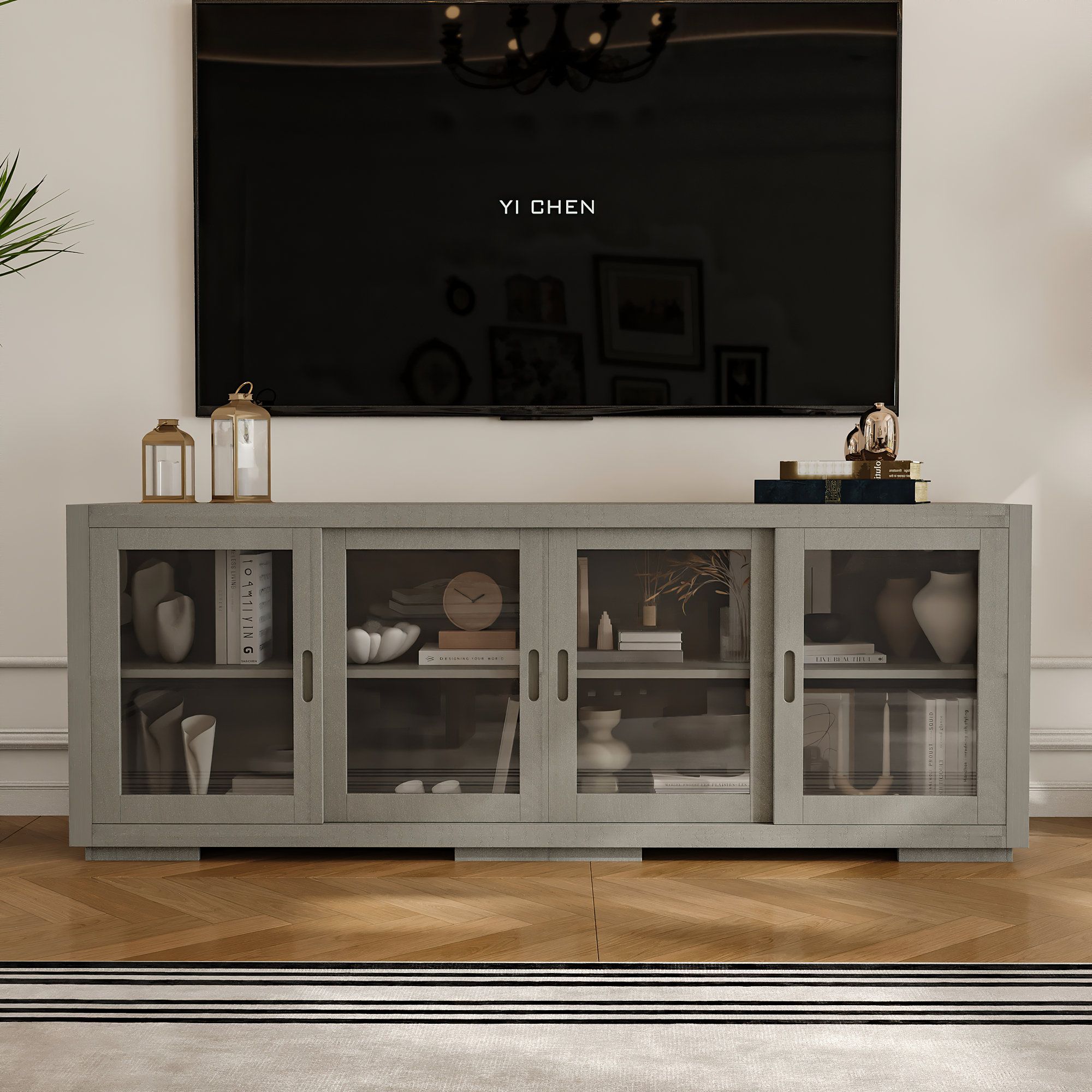 Red Barrel Studio® 66'' W Solid Wood Tv Stand Storage Credenza With ... with Contemporary Tv Stand, Storage Glass Doors And Open Compartments
