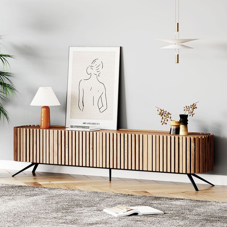 Rustic Slatted Media Console With 4 Cabinets | Mid Century Modern Tv ... pertaining to Understanding the craftsmanship behind modern wooden media cabinets for contemporary homes