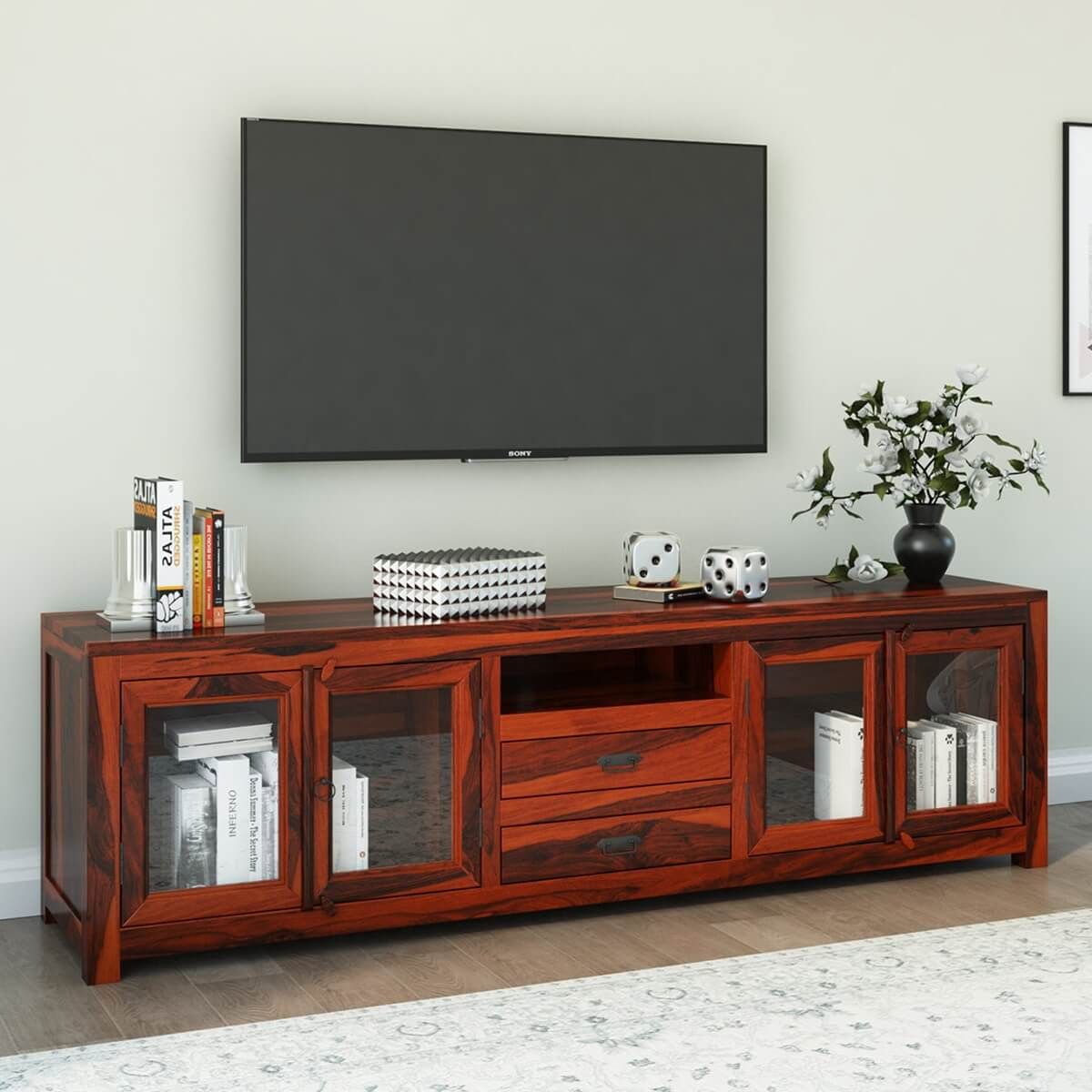 Rustic Solid Wood Long Tv Media Stand Console inside 65" Slim Rustic Sunburst Tv Stand Media Console Storage 3 Drawers Rustic Sun
