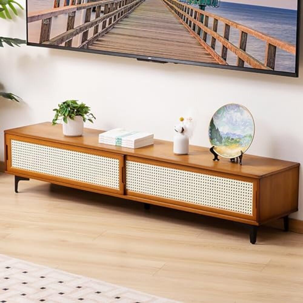 Shademart Rattan Brown Color 2 Doors 63 Inch Tv Stand, Modern Wood Tv ... with Treehorn Tv Stand, Modern Wooden Media Cabinet, 63&amp;quot; Mid Century Tv Storage