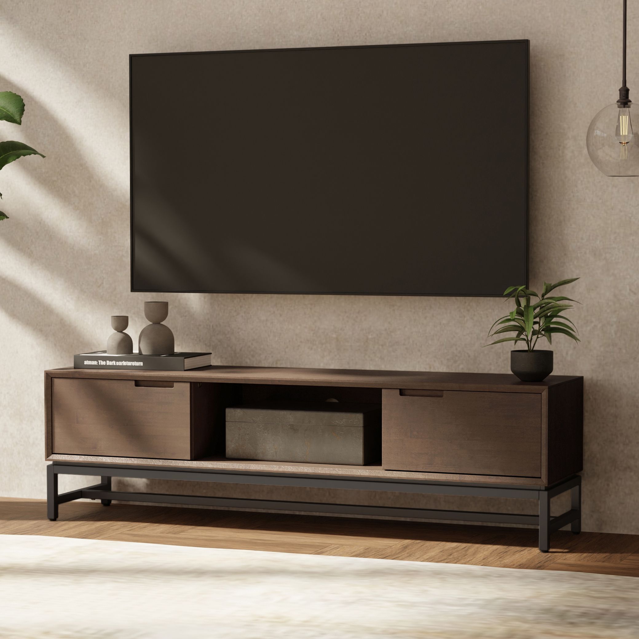 Simpli Home Banting Solid Hardwood 72 Inch Wide Modern Industrial Tv ... throughout Lowry 72&amp;quot; Wd Modern Industrial Tv Media Stand In Walnut For Tvs Upto 80 Inches