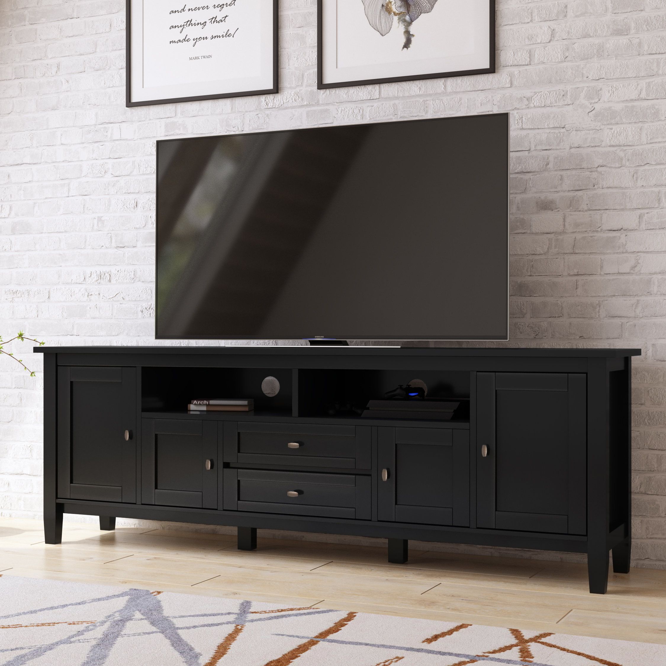 Simpli Home Warm Shaker Solid Wood 72 Inch Tv Media Stand For Tvs Up To ... throughout Burlington Solid Wood 72 Inch Tv Media Stand For Tvs Up To 80 Inches, Black