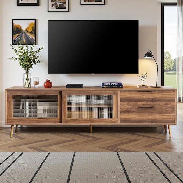 Spruce & Spring Walnut Tv Stand Fits Tvs Up To 79 In. With 2-Drawers ... for Smart cable management for clean home setups