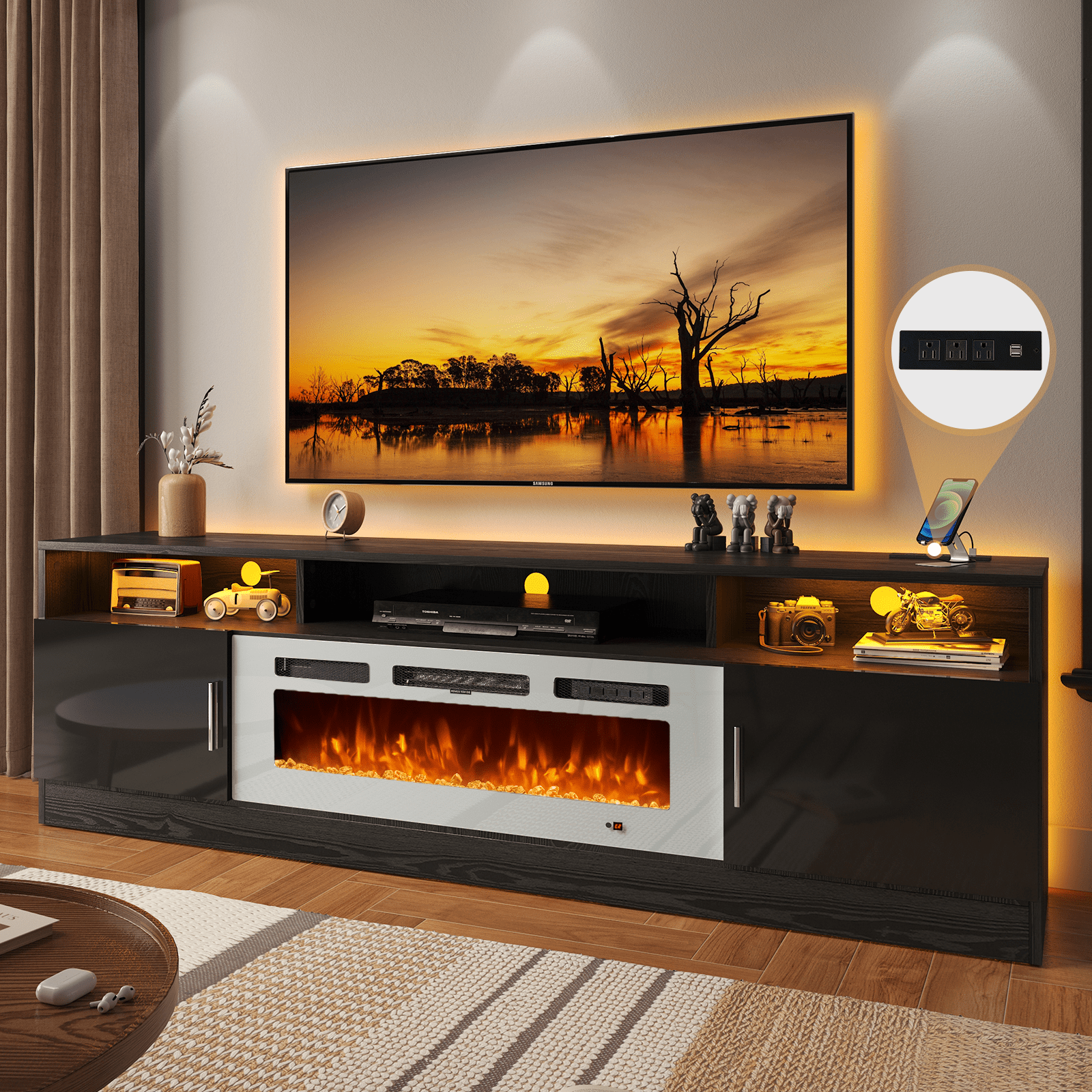 Sunmthink Modern Fireplace Tv Stand For Tvs Up To 80'' With 12 Led ... within Sunny Designs 70" Wood Tv Cabinet For Tvs Up To 80" In Marble White