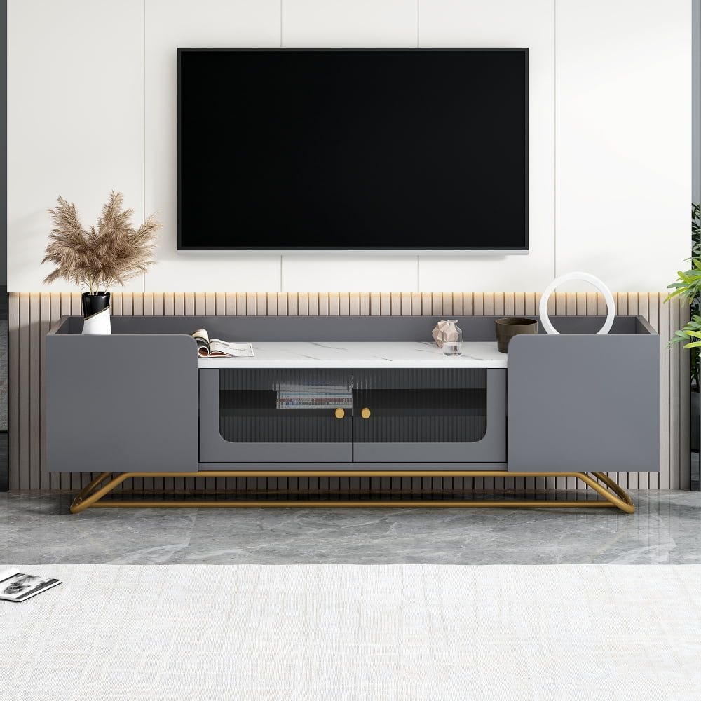 Tcbosik Sleek Design Tv Stand With Fluted Glass Doors And Gold Frame ... for Contemporary Entertainment Center, Pine Wood Frame & Glass Doors