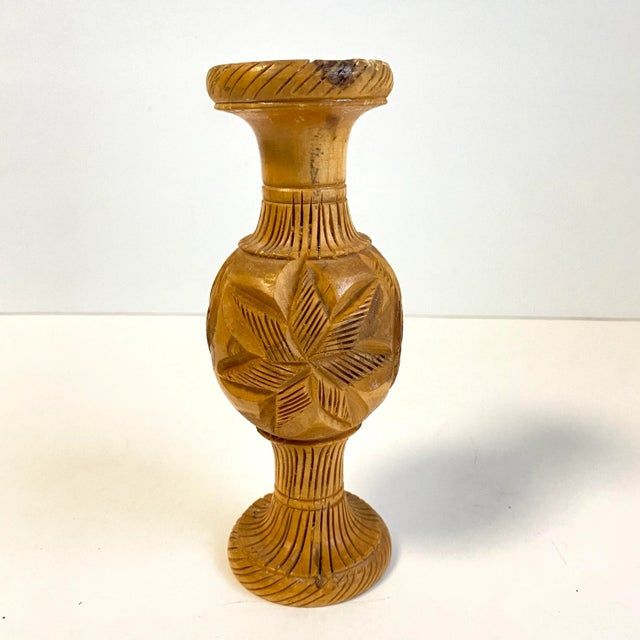 Vintage Boho Chic Hand Carved Olive Wood Vase 7.25” Tall | Chairish regarding 64" Distressed Whitewash Farmhouse Boho Chic Hand Carved Cabinet
