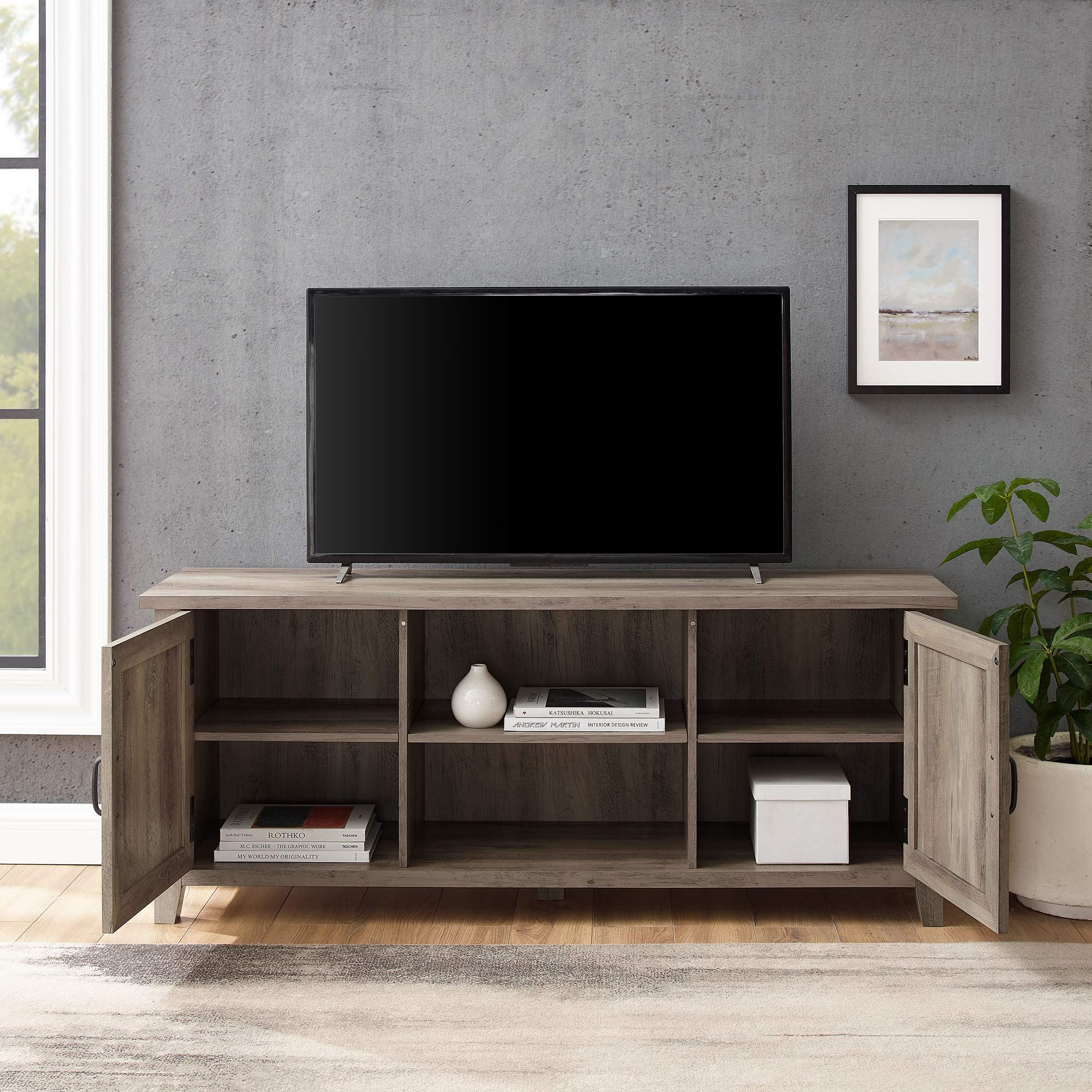Walker Edison Buren Classic Grooved Door Tv Stand For Tvs Up To 65 ... within Classic Entertainment Center Grooved Doors And Middle Open Shelf, 58" Walnut