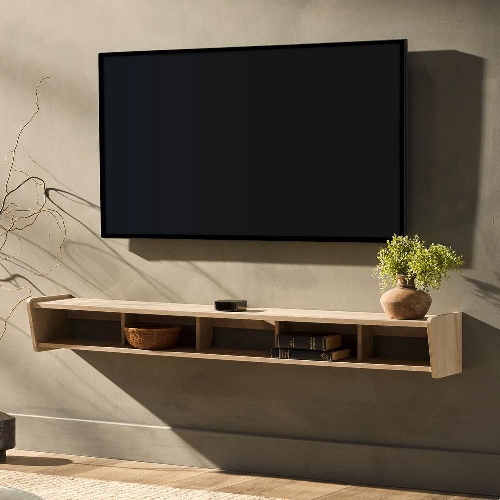 Walker Edison Furniture Company 65 In. Coastal Oak Wood Modern Floating ... inside Maximizing Wall Space with Pemberly Row's Coastal Oak Floating Shelf Solutions
