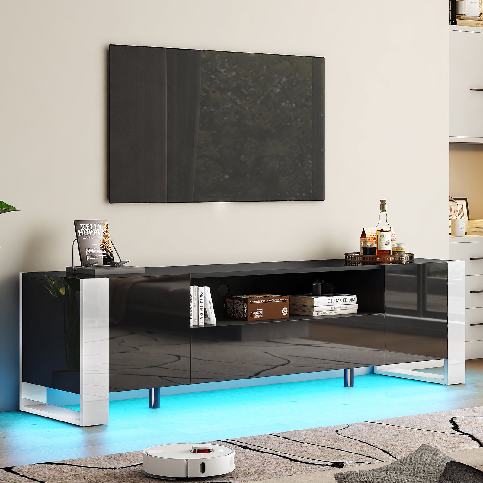 Wrought Studio™ Bhhatu Modern High Gloss Led Tv Stands With 2 Cabinet ... with regard to Gdf Studio 4-Drawer Storage Tv Stand, Led Lighting & Charging Ports, Walnut