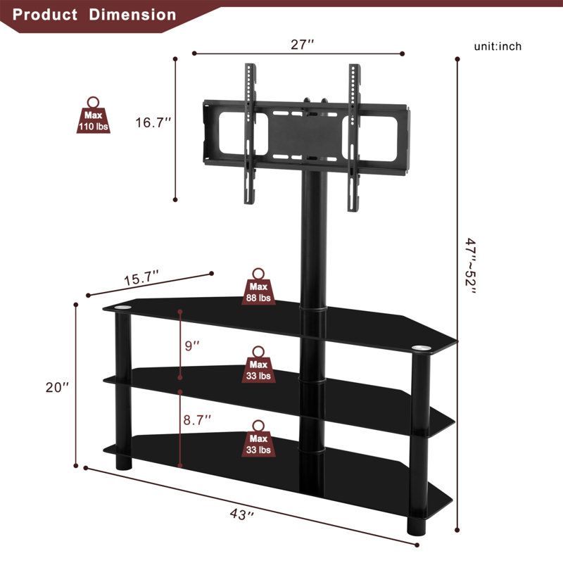 Wrought Studio™ Black Multi-Function Tv Stand Height Adjustable Bracket ... with regard to Black Multi-Function Tv Stand Adjustable Height Bracket Swivel 3-Tier