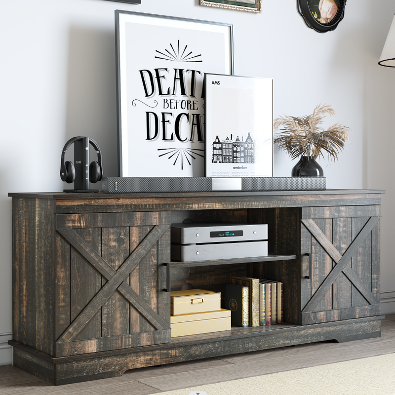 Yitahome | 59" Farmhouse Wood Tv Stand With Barn Door And Adjustable ... with regard to Rustic Tv Stand, 3 Open Compartments And 3 Storage Cabinets, Espresso