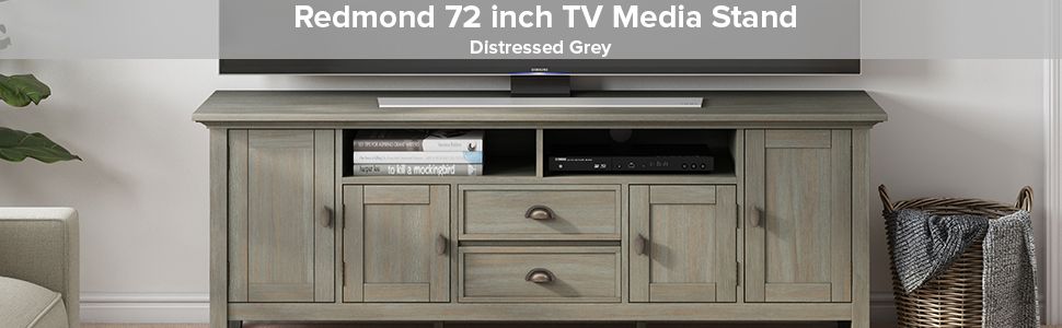 Amazon.com: Simplihome Redmond Solid Wood 72 Inch Wide Transitional Tv ... for Redmond Solid Wood 72 Inch Tv Media Stand In Distressed Grey For Tvs Up To