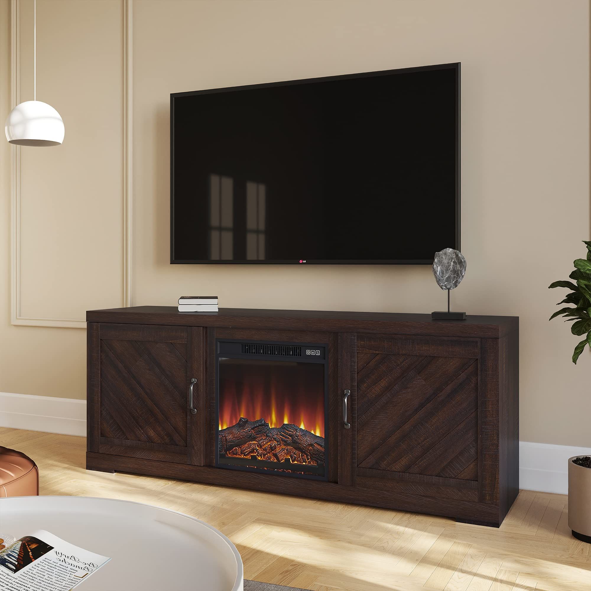 Buy Belleze Modern 58 Inch Farmhouse Tv Stand With 18 Inch Electric ... with regard to Classic Entertainment Center, Adjustable Shelving & Electric Fireplace, Espresso