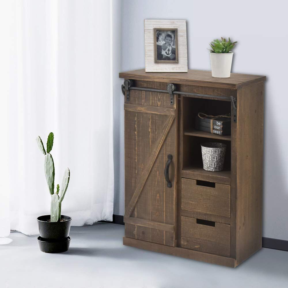 Buy Bonnlo 32" H Rustic Solid Wood Storage Cabinet With Sliding Barn ... throughout Vintage Charm Meets Modern Functionality in Rustic Wood Iron Barn Door Media Consoles