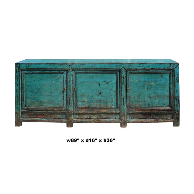 Distressed Dark Teal Blue Finish High Credenza Console Buffet | Etsy ... with Distressed Rich Teal Blue 2 Doors Low Credenza Sideboard Console Cabinet