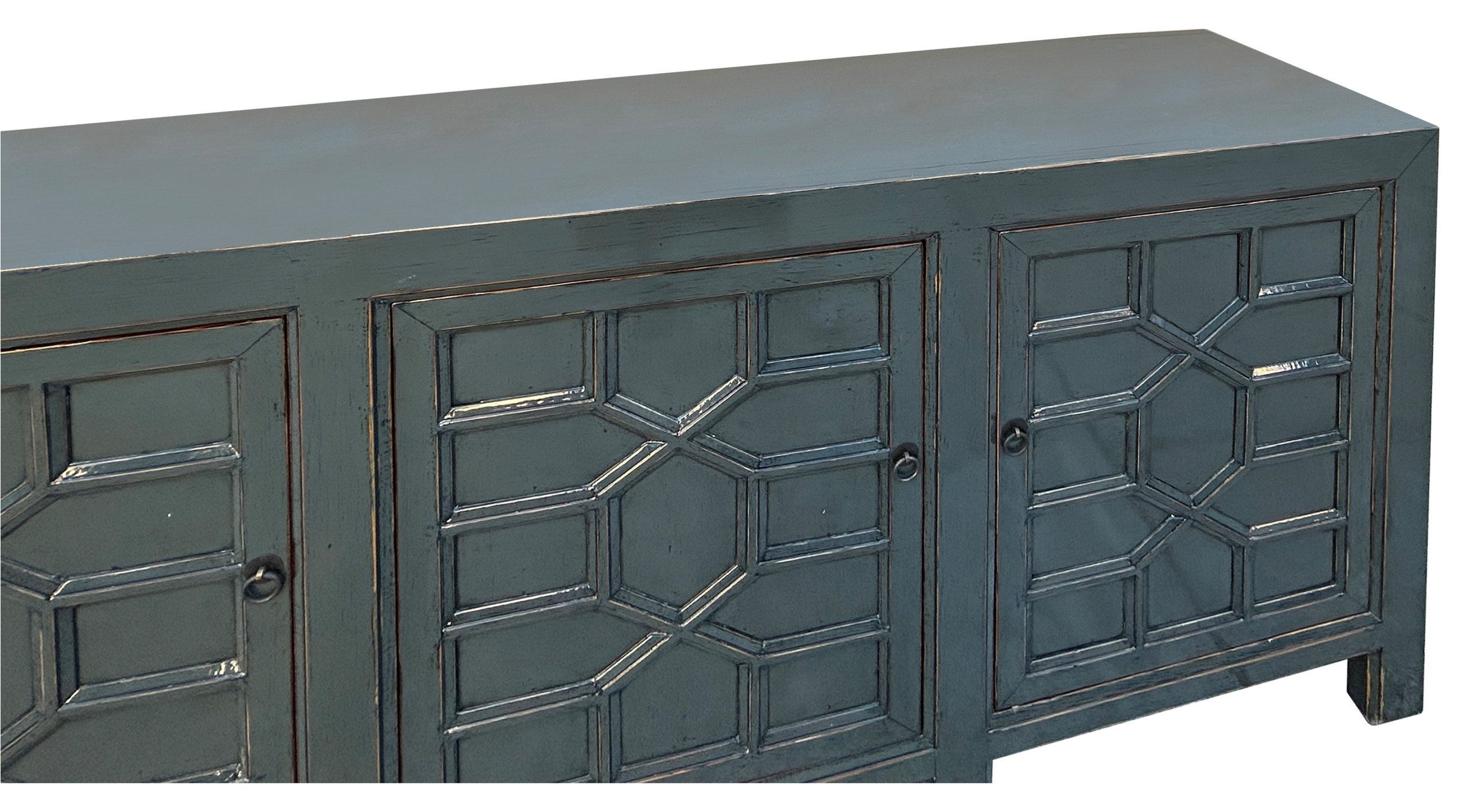 Distressed Gray Lacquer Cross Lattice Doors Sideboard Console Cabinet ... in Distressed Rich Teal Blue 2 Doors Low Credenza Sideboard Console Cabinet