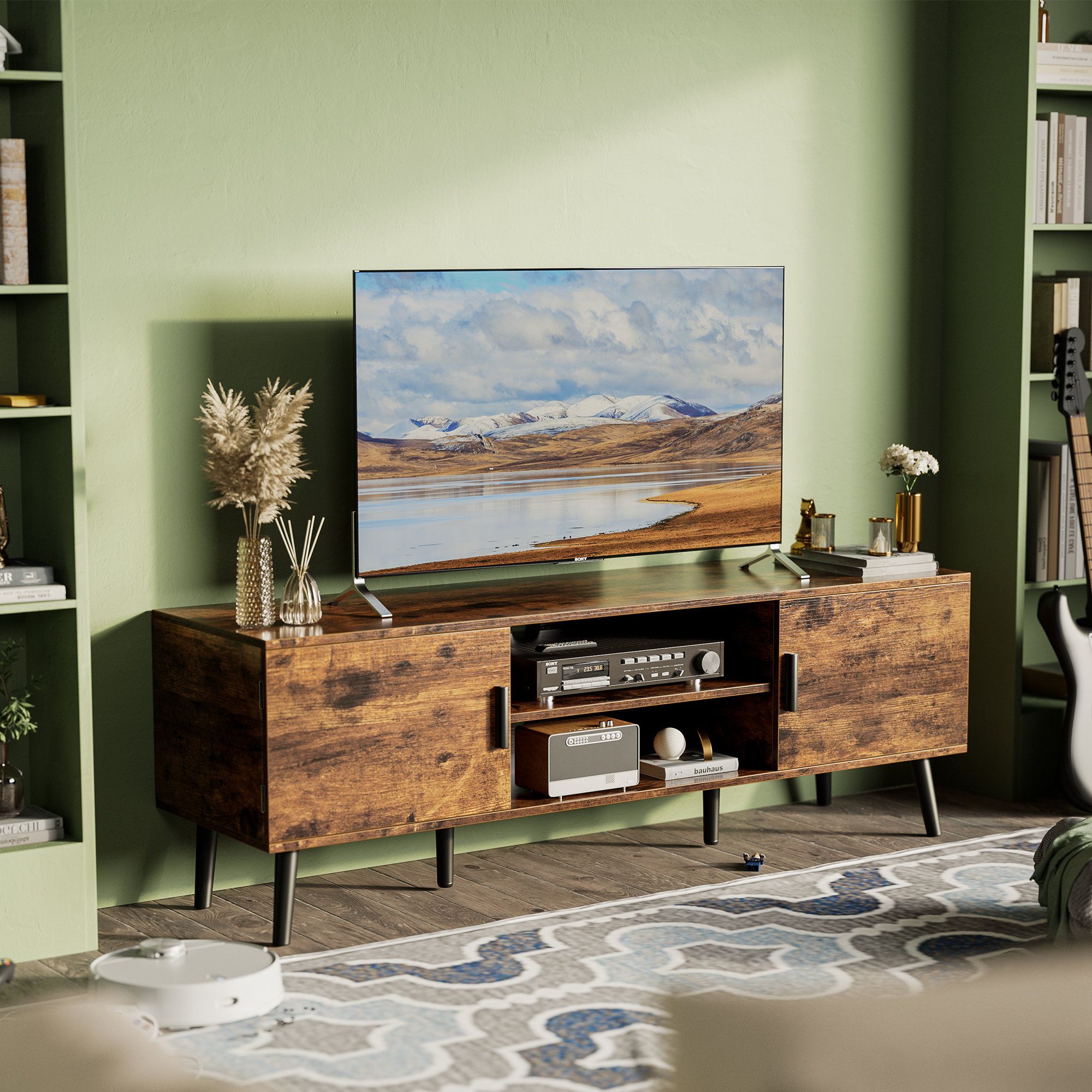 George Oliver Tv Stand For 55 Inch Tv, Entertainment Center With ... intended for Modern Entertainment Stand, 2 Side Cabinets And Center Open Shelf