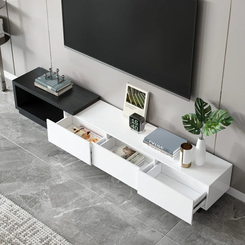 Orren Ellis Kines 100.4'' W Modern Tv Stand Retracted & Extendable 3 ... for Practical benefits of retracted storage solutions for modern media room organization