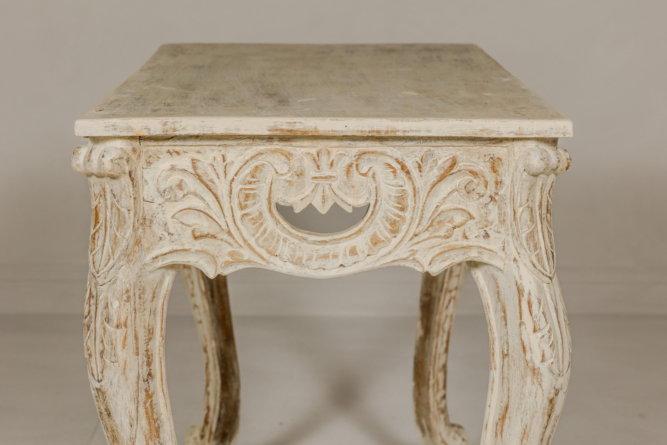 Rococo Style Painted Console Table With Carved Apron And Distressed ... intended for Vintage Distressed Teal Blue Green Carved Apron Low Console Table