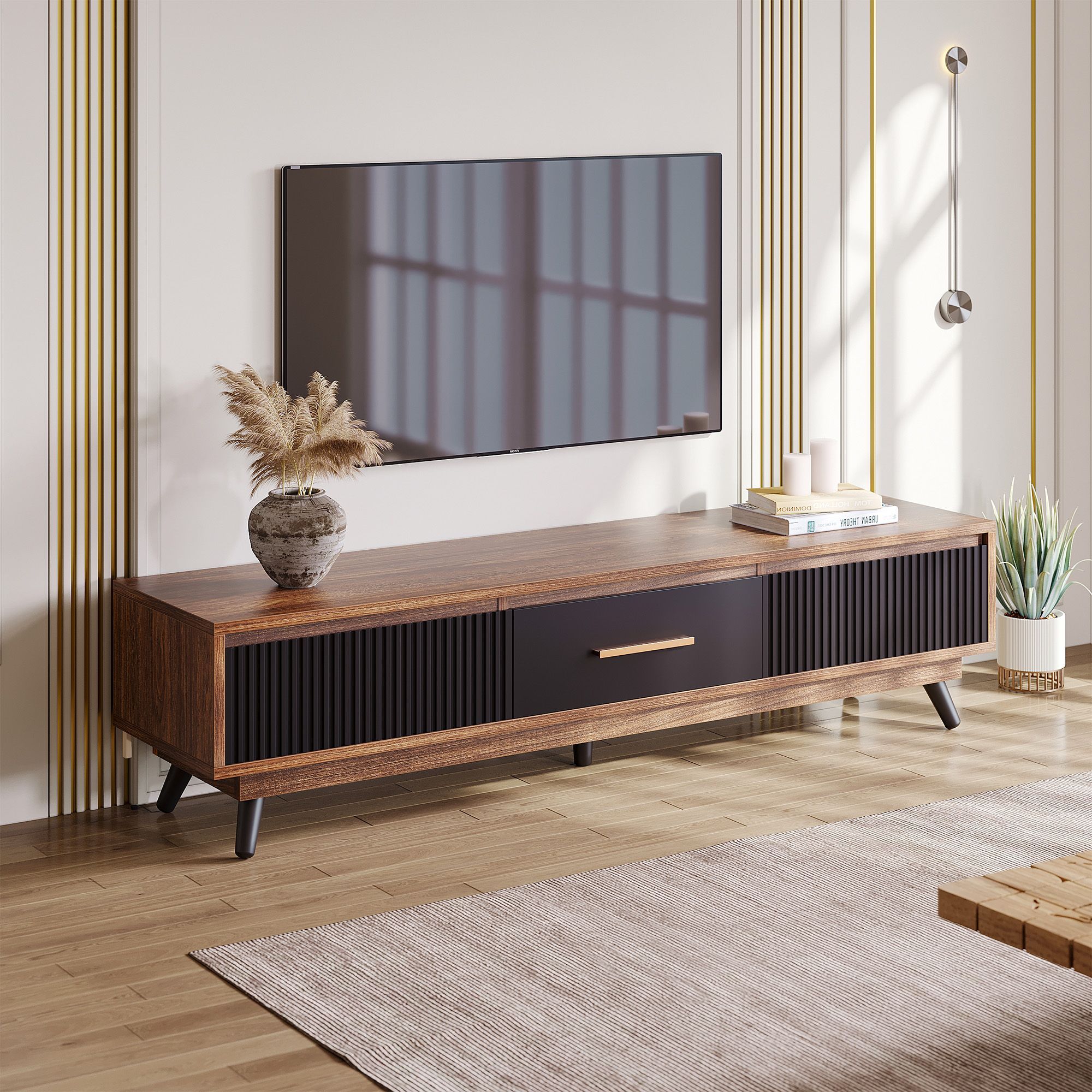 Tv Stand 65 Inch Mid Century Entertainment Center Black & Walnut within Entertainment Center Mid-Century Modern Butler Loft Distressed Black