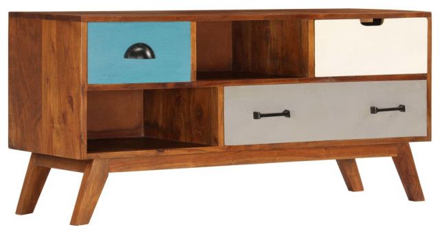 Vidaxl Tv Stand Tv Unit Sideboard Cupboard With 3 Drawers Solid Acacia ... pertaining to Vidaxl Tv Stand Tv Unit Sideboard Cupboard Gray Solid Acacia Wood And Steel