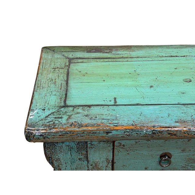 Vintage Distressed Teal Blue Green Carved Apron Console Table | Chairish pertaining to Understanding the Artisanal Craftsmanship Behind Vintage Distressed Furniture