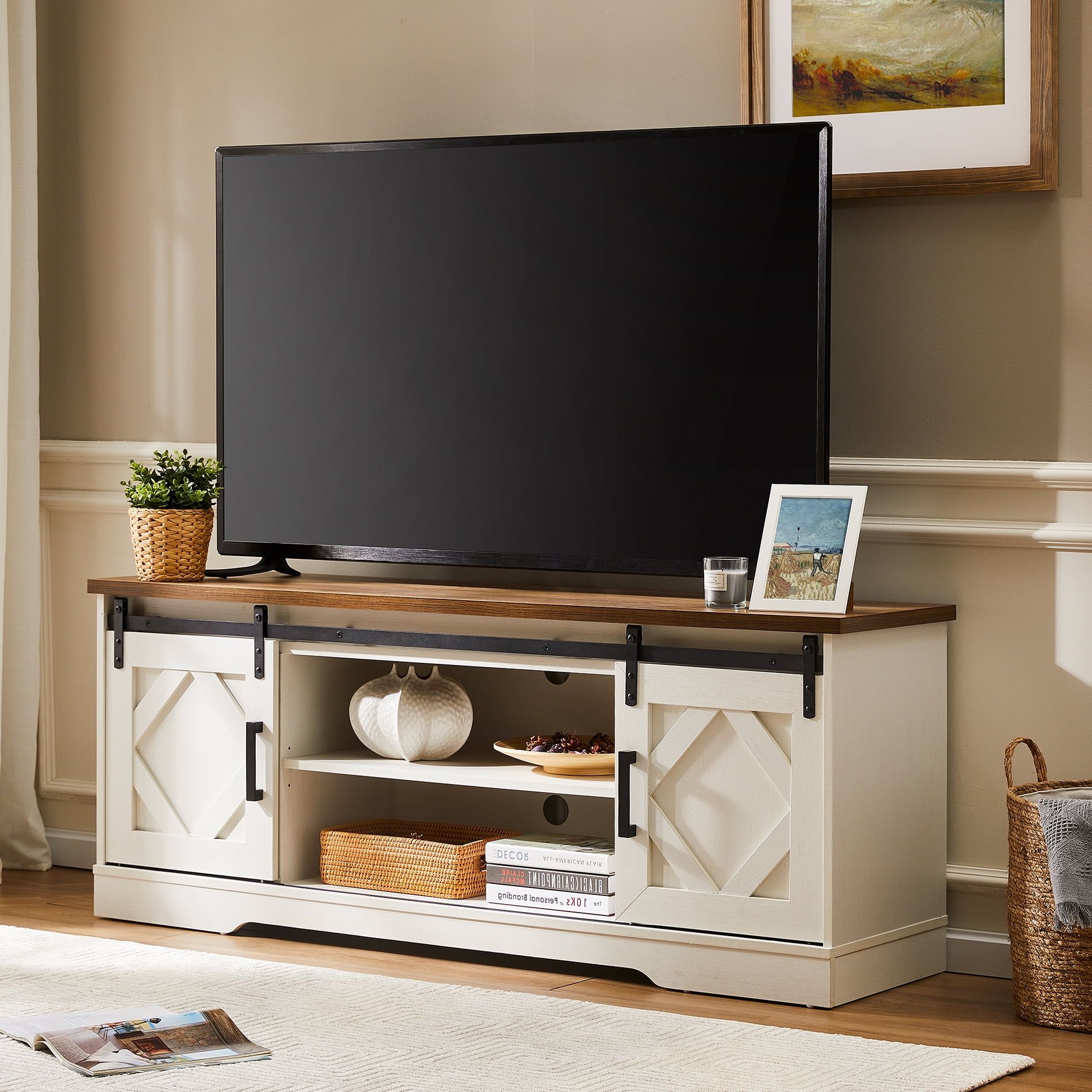 Wampat Farmhouse Tv Stand For Tv Up To 65" Barn Door Media Console ... in Rustic Wood Iron Sliding Barn Door Media Console Cabinet Vintage Style Farmhouse