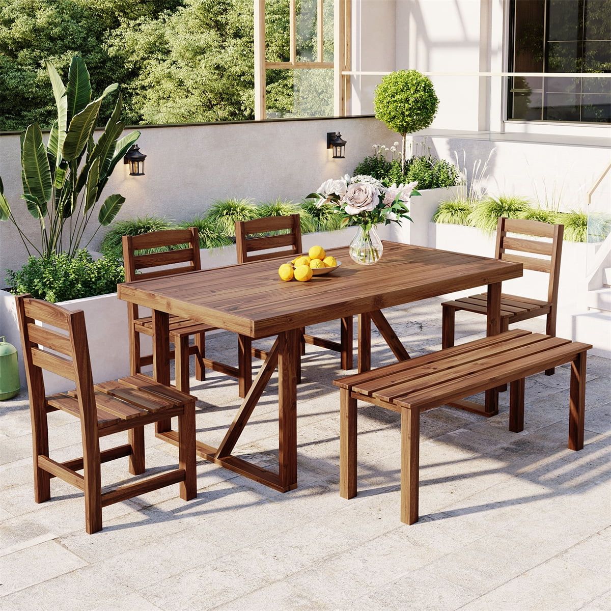 6-Piece Outdoor Dining Table Set, Acacia Wood Patio Furniture Set With ... pertaining to Outdoor Wood Dining Tables