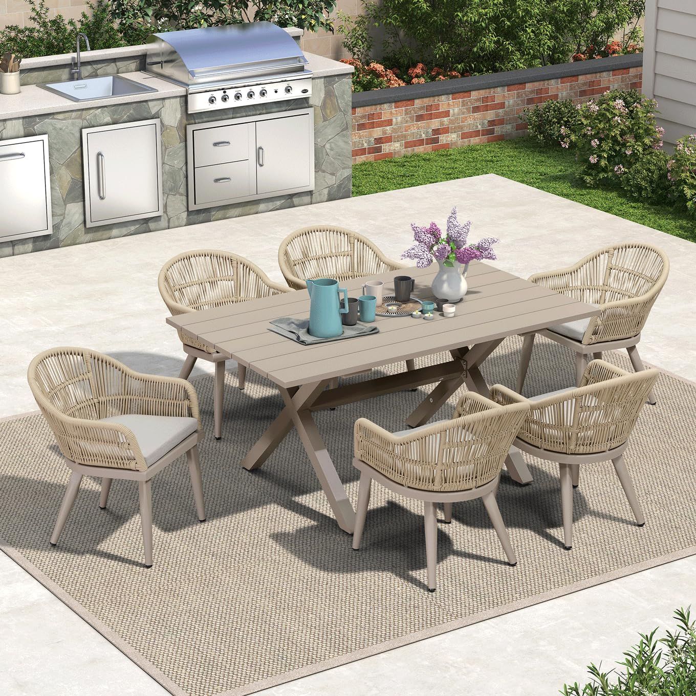 Amazon.com: Grand Patio 7 Piece Outdoor Dining Set With Faux Wood Grain ... in Understanding the Durability of E-Coated Tables and Olefin Cushions for Year-Round Use