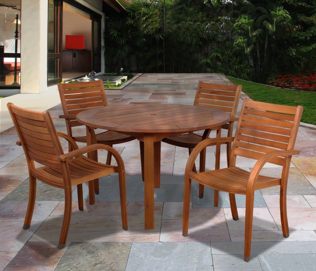 Amazonia Arizona 5 Piece Wood Outdoor Dining Set With 47" Round Table ... inside Balancing style and durability when choosing wood for your outdoor oasis