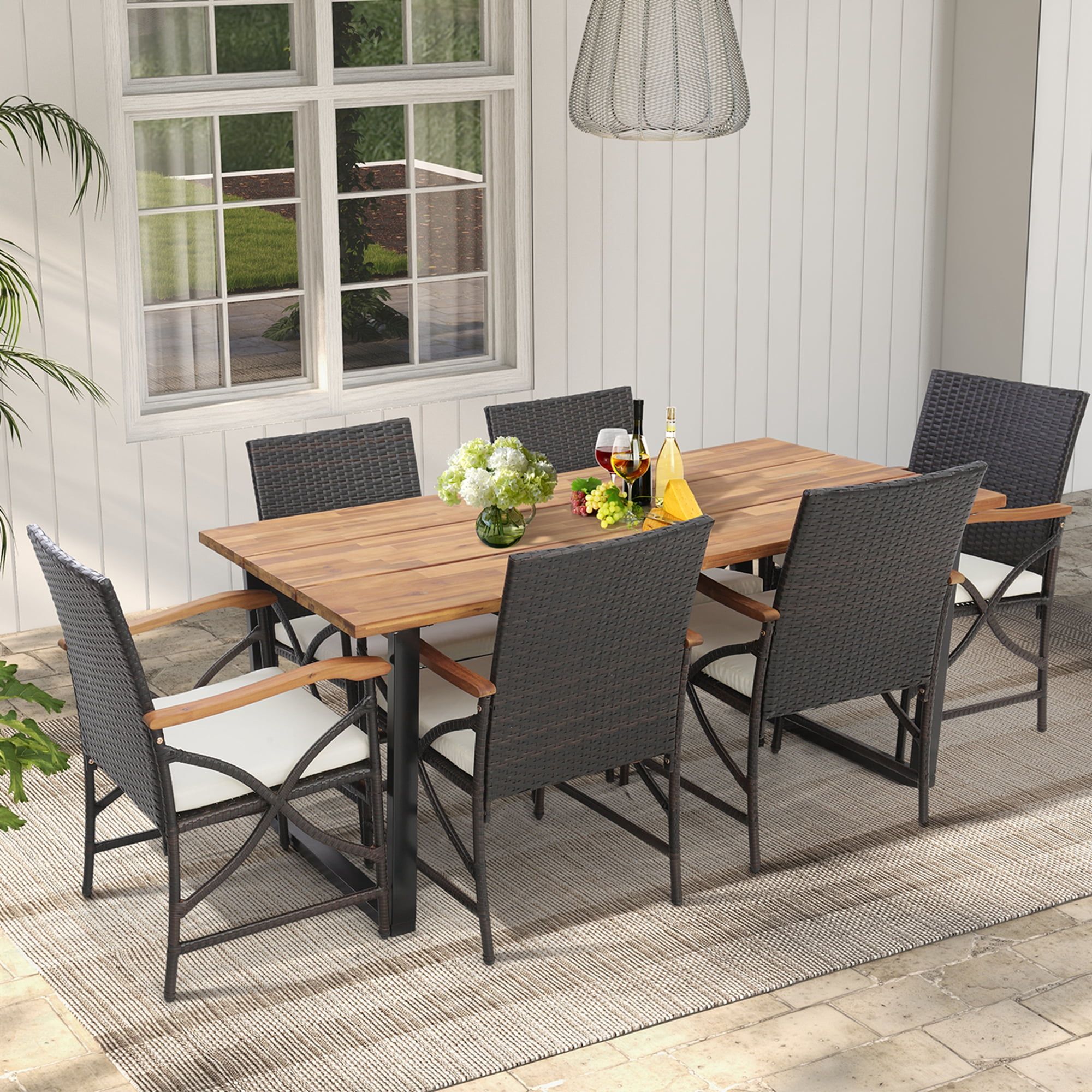 Costway 7 Pcs Patio Rattan Dining Set Acacia Wood Table 6 Wicker Chairs ... for Balancing style and durability when choosing wood for your outdoor oasis