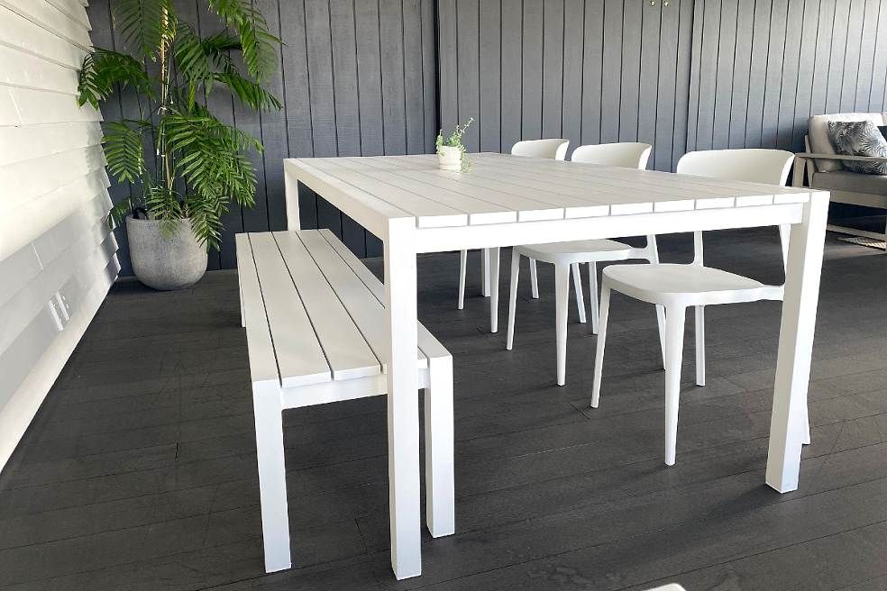 Dinner At Ours Range:white 2M Outdoor Table,1 Bench & 3 Amado Chairs (3 ... inside Outdoor Dining Table With Bench Seats