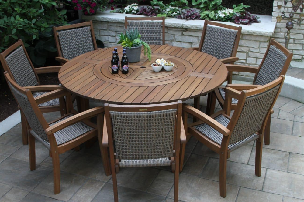 Large Round Eucalyptus Wood 63" Lazy Susan Dining Table | Round Outdoor ... intended for 72 Inch Round Outdoor Dining Table