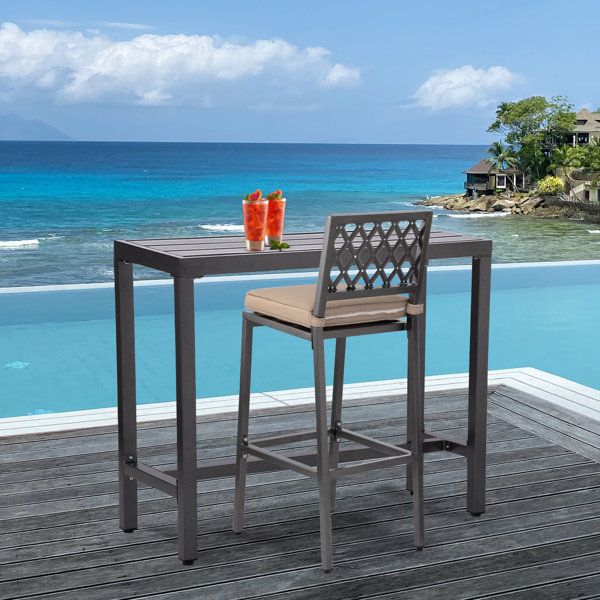 Latitude Run® 2-Person Long Bar Height Patio Dining Set Outdoor Counter ... intended for Mixing resilient materials like teak and marine-grade resin with taller dining profiles