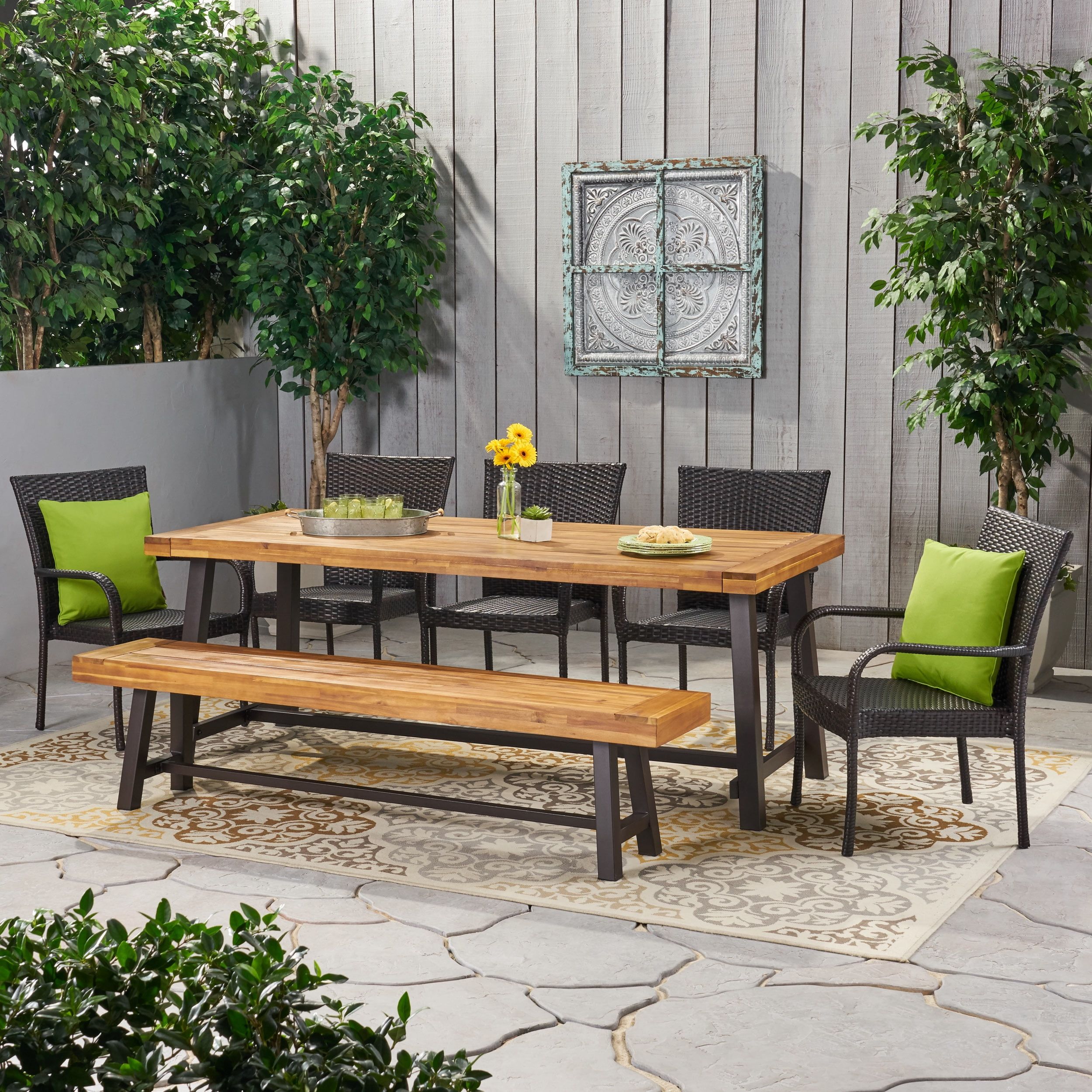 Logan Outdoor Rustic Acacia Wood 8 Seater Dining Set With Dining Bench ... for The true cost of maintenance when investing in long-term outdoor wood dining