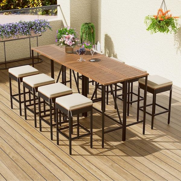 Mondawe 10-Piece Brown Acacia Wood Bar Height Outdoor Dining Set With ... within Bar Height Outdoor Dining Table