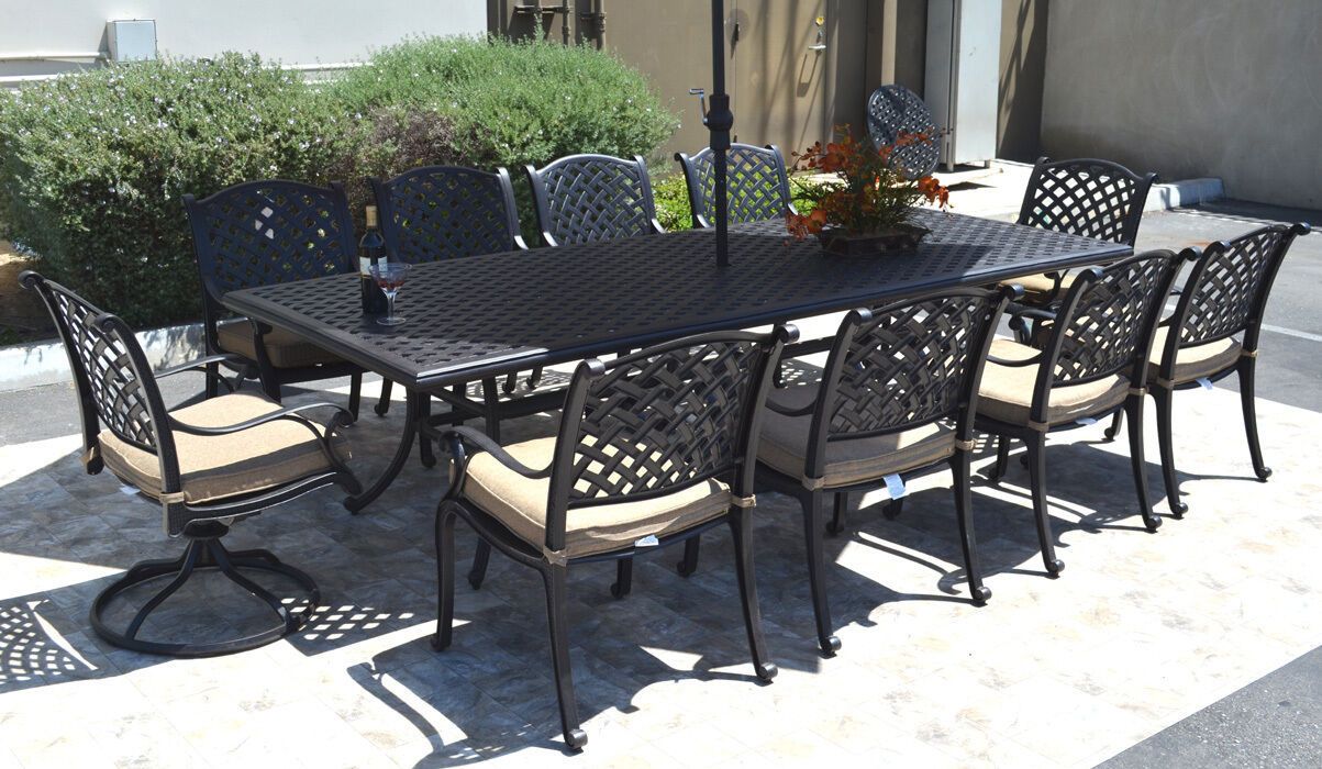 Nassau 10 Person Cast Aluminum Patio Dining Set Rectangle Outdoor Table ... within 10 Person Outdoor Dining Table Set