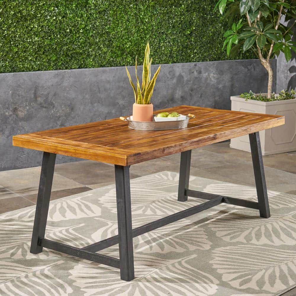 Noble House Raphael Sandblast Teak Brown And Black Rectangular Wood ... for Outdoor Wood Dining Tables
