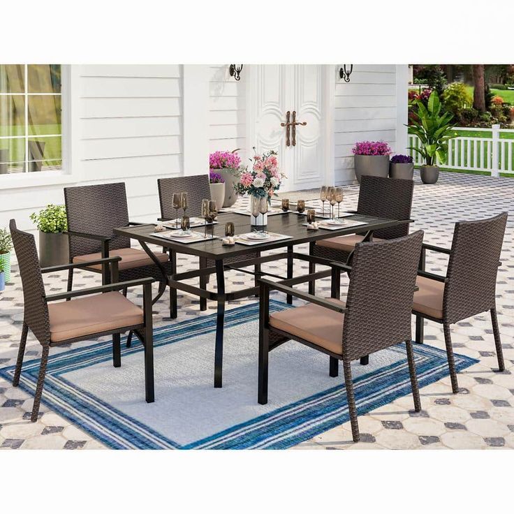 Phi Villa Black 7-Piece Metal Slat Rectangle Table Patio Outdoor Dining ... intended for Understanding the Durability of E-Coated Tables and Olefin Cushions for Year-Round Use
