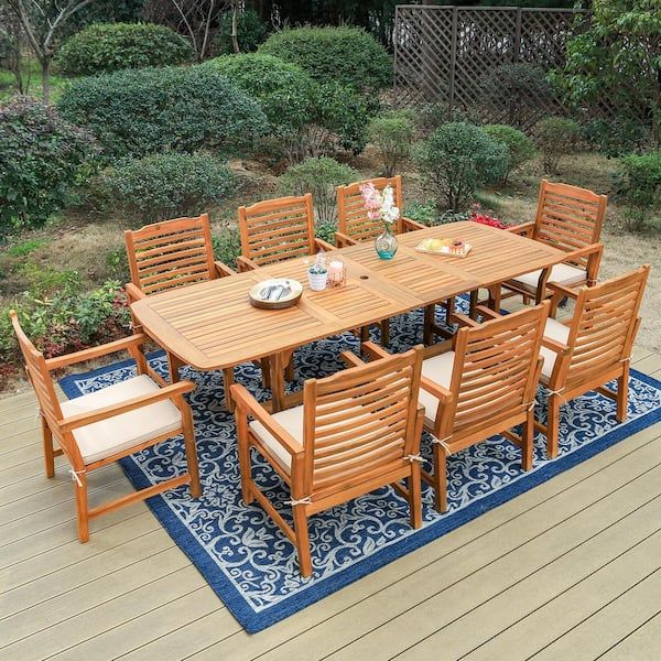 Phi Villa Brown 9-Piece Wood Patio Outdoor Dining Set With Extendable ... throughout Balancing style and durability when choosing wood for your outdoor oasis