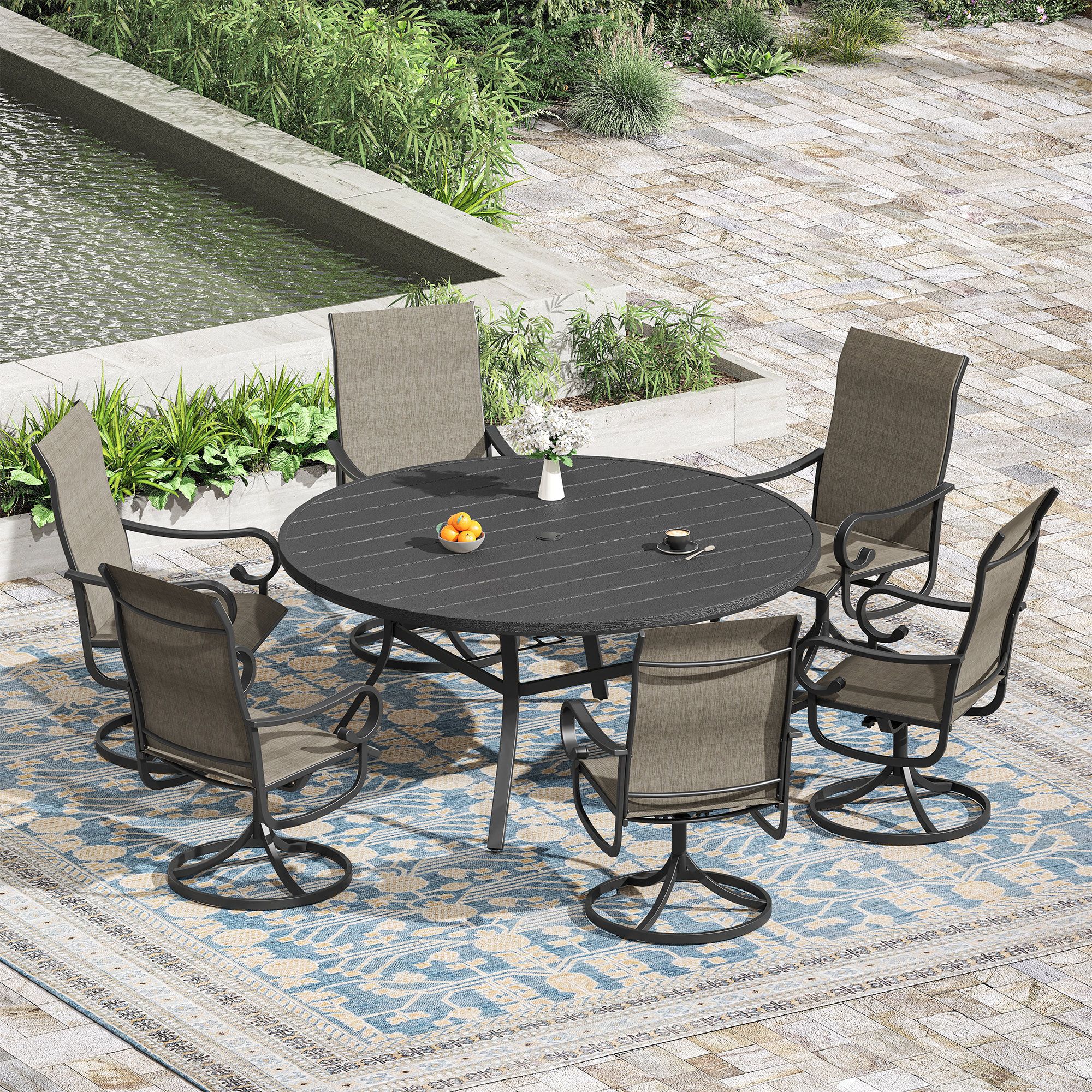 Red Barrel Studio 6 - Person Round Outdoor Dining Set With Swivel Chair ... intended for Swivel chairs and slatted designs finding the perfect blend of comfort and airflow for summer meals