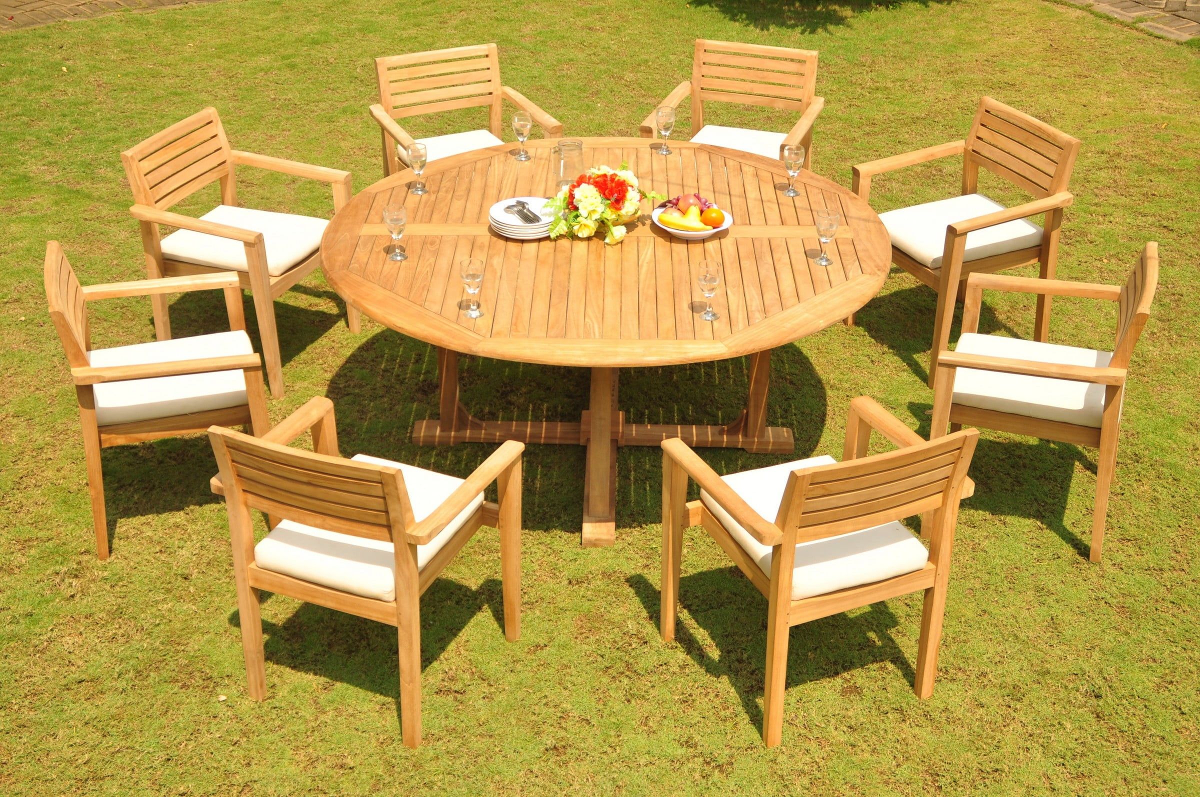 Teak Dining Set: 8 Seater 9 Pc: 72&amp;quot; Round Dining Table And 8 Montana ... in 72 Inch Round Outdoor Dining Table